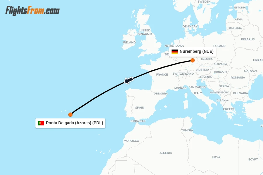 Flights from Nuremberg to Ponta Delgada (Azores) route map