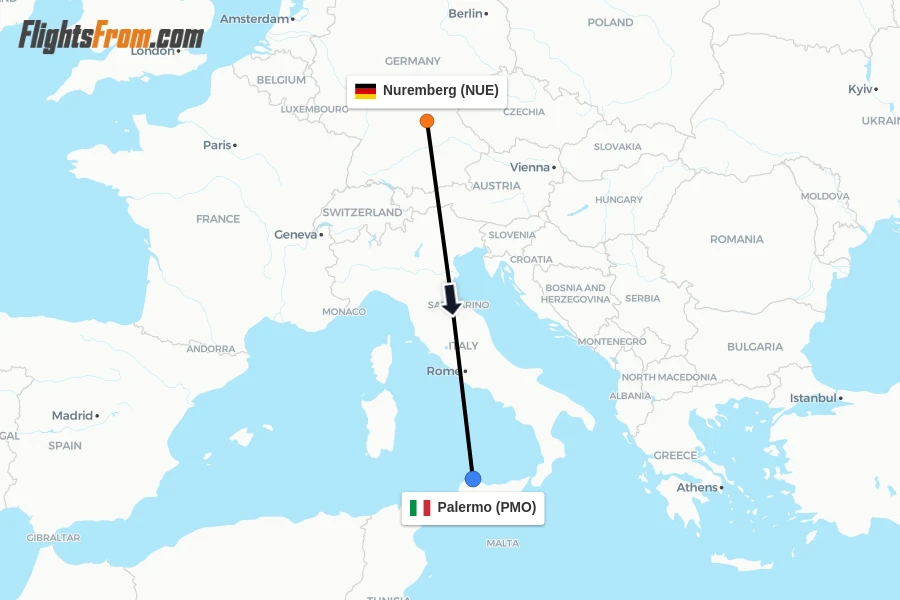 Flights from Nuremberg to Palermo route map