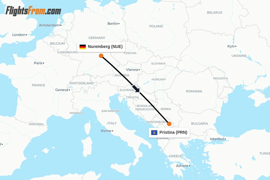 Flights from Nuremberg to Pristina route map