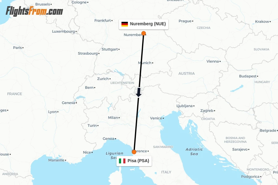 Flights from Nuremberg to Pisa route map