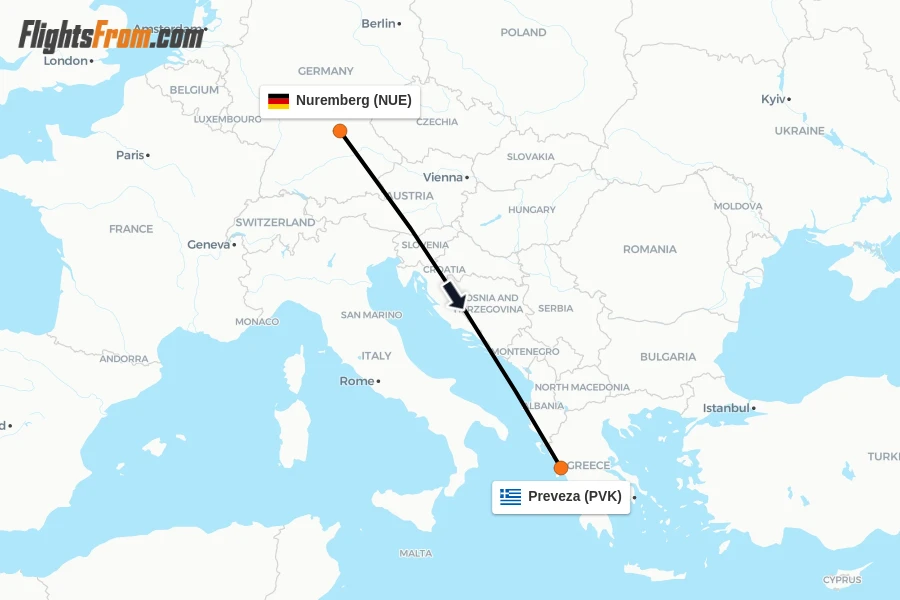 Flights from Nuremberg to Preveza route map