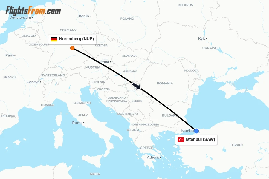 Flights from Nuremberg to Istanbul route map
