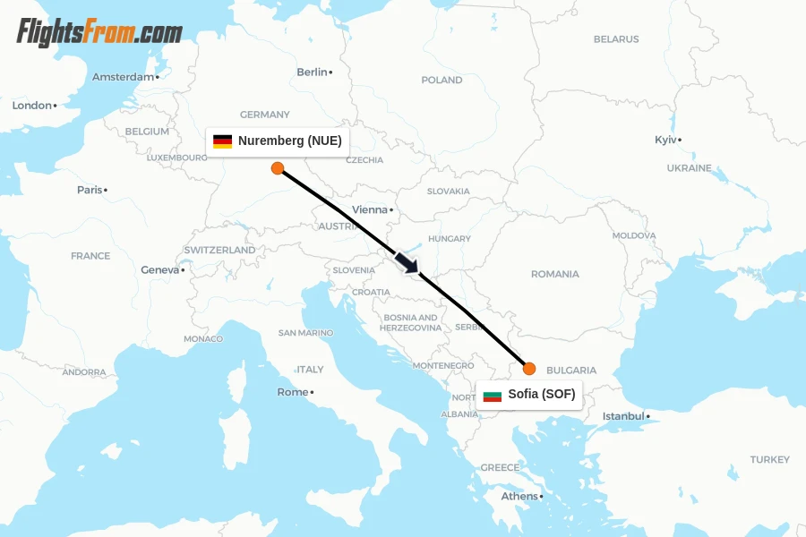 Flights from Nuremberg to Sofia route map