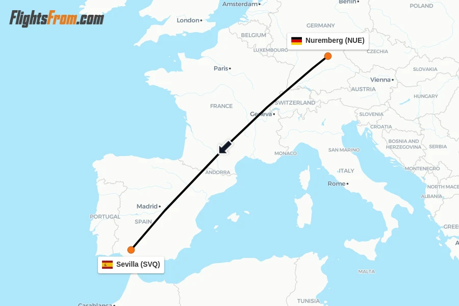 Flights from Nuremberg to Sevilla route map