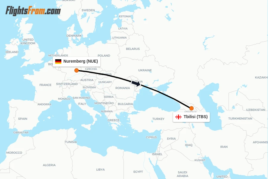 Flights from Nuremberg to Tbilisi route map