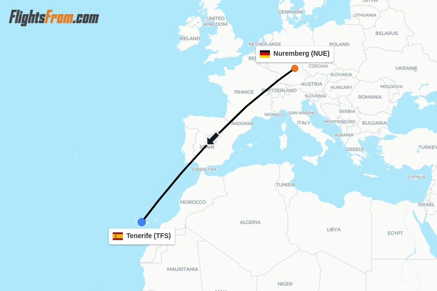 Flights from Nuremberg to Tenerife route map