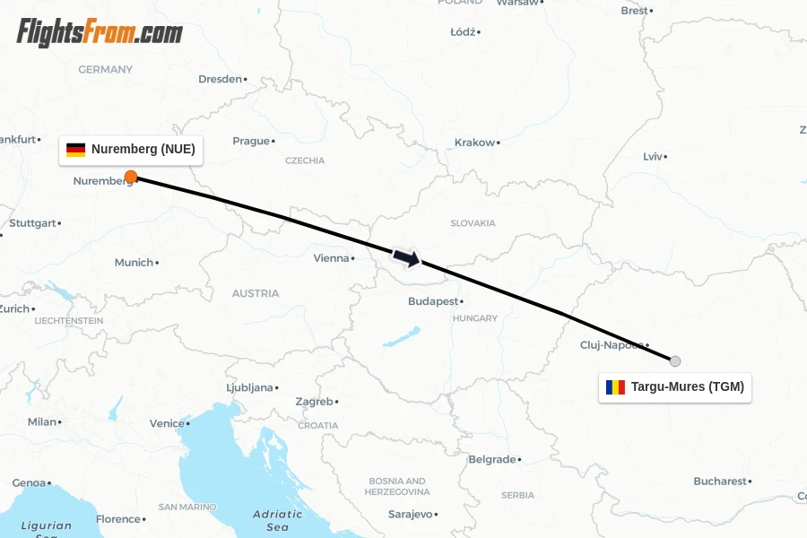 Flights from Nuremberg to Targu-Mures route map