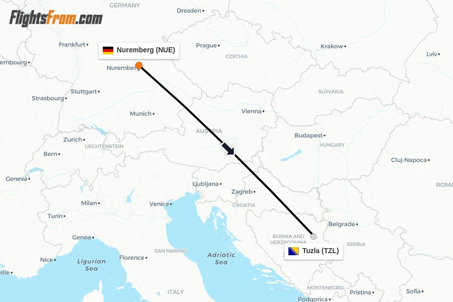 Flights from Nuremberg to Tuzla route map