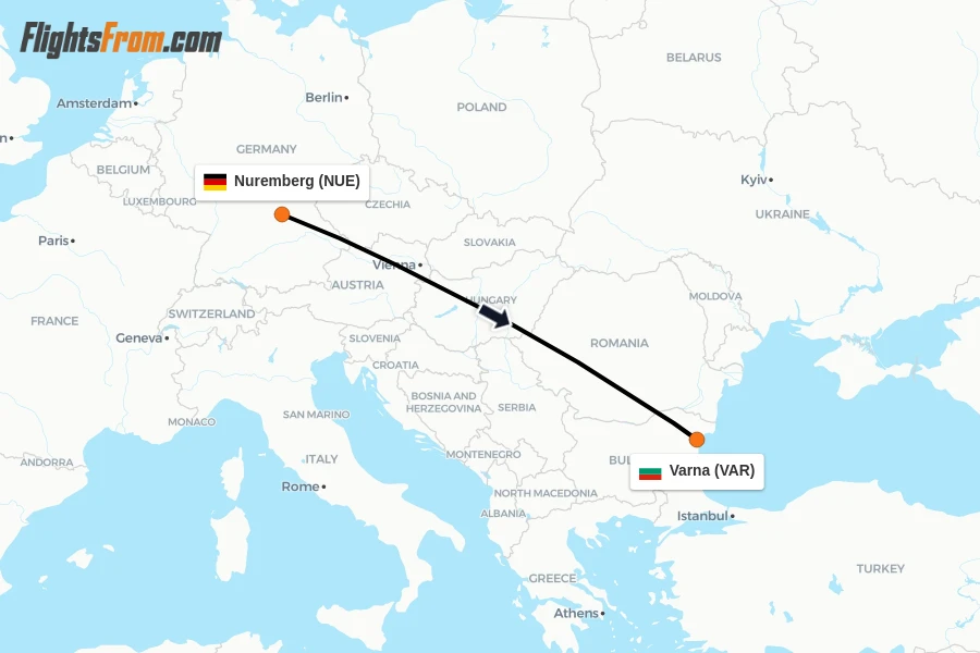 Flights from Nuremberg to Varna route map