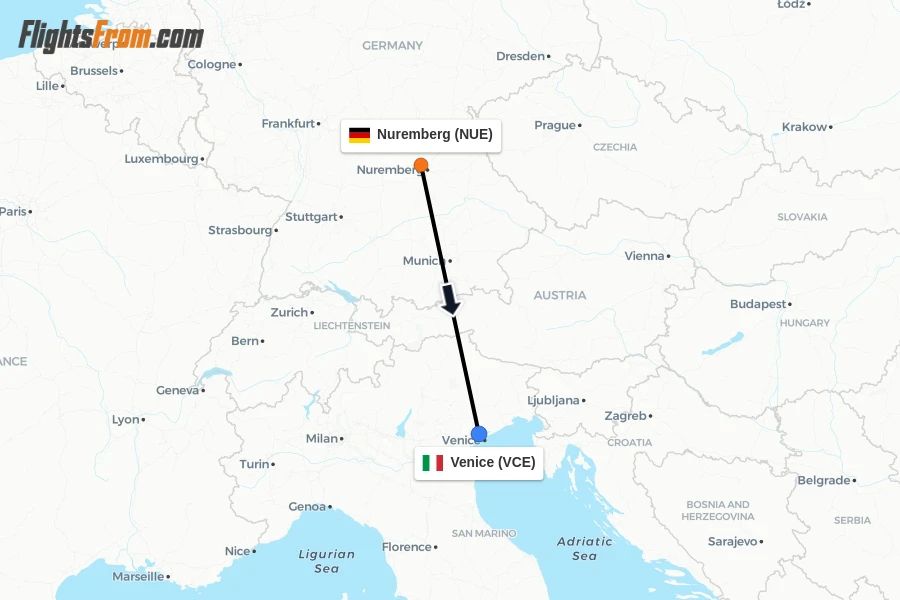 Flights from Nuremberg to Venice route map