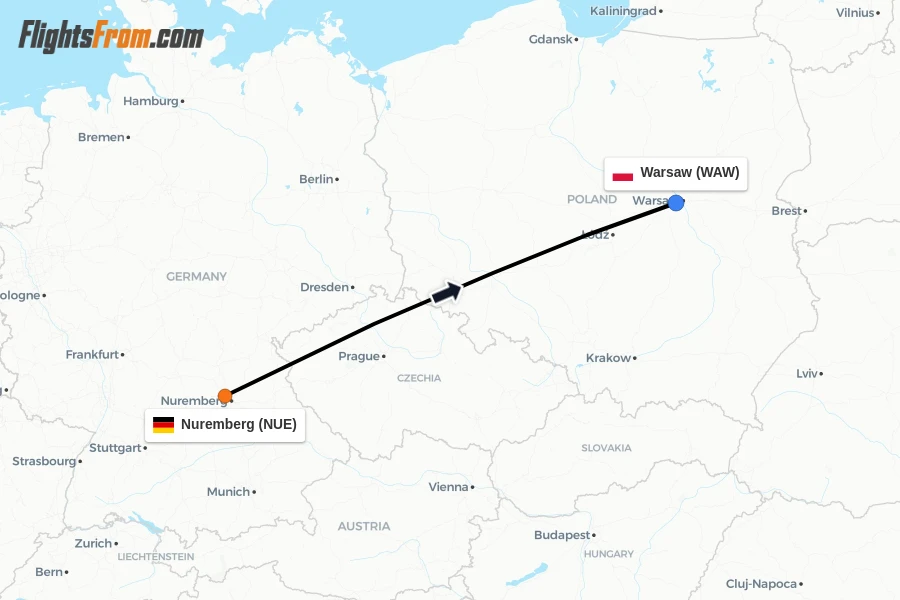 Flights from Nuremberg to Warsaw route map