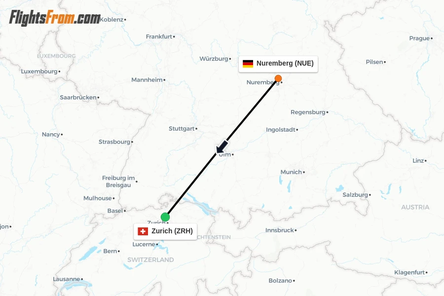Flights from Nuremberg to Zurich route map