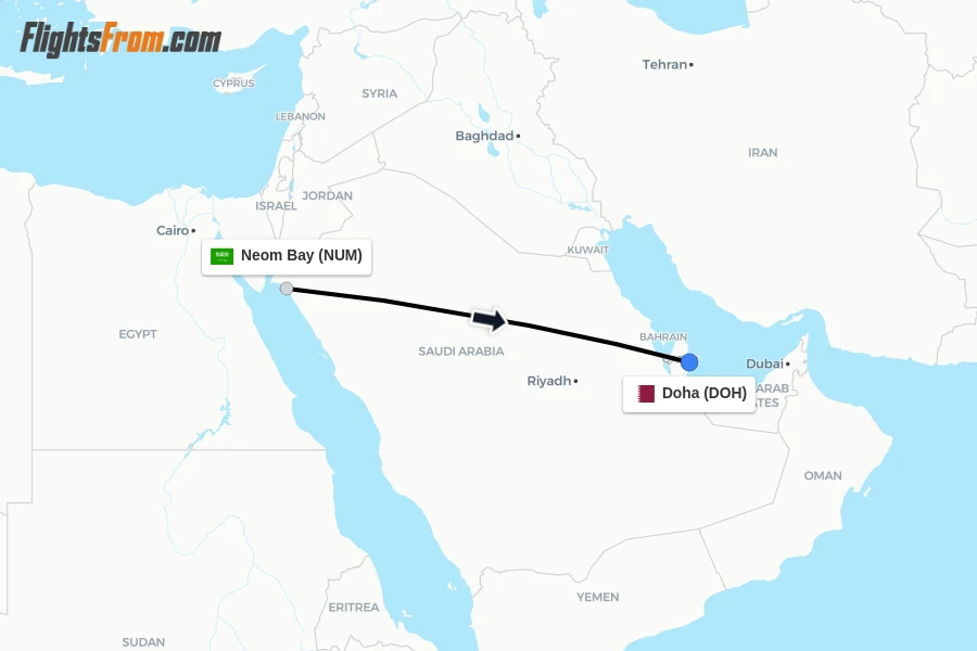 Flights from Neom Bay to Doha route map