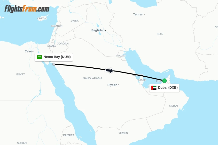 Flights from Neom Bay to Dubai route map