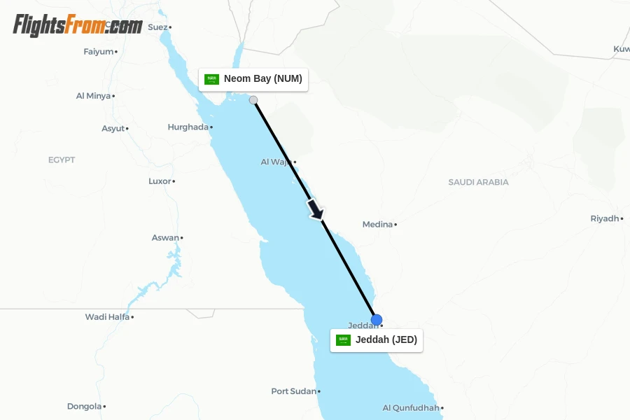 Flights from Neom Bay to Jeddah route map