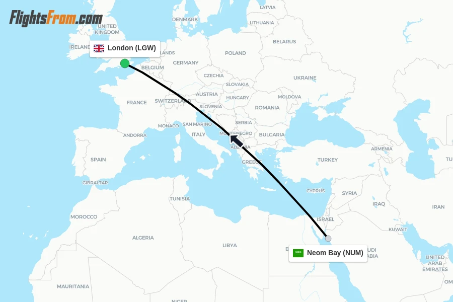 Flights from Neom Bay to London route map