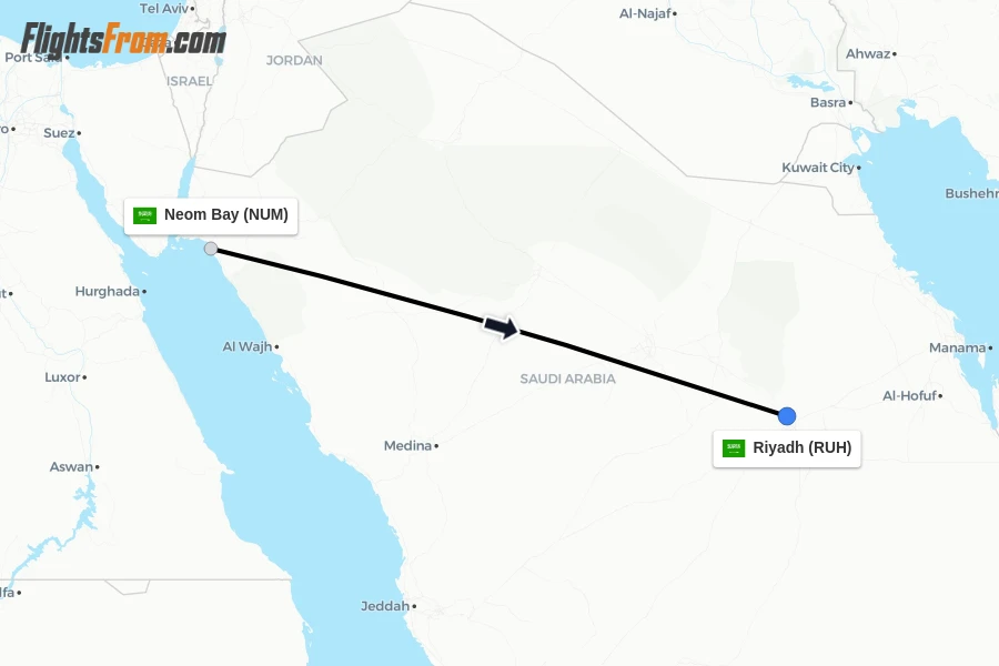Flights from Neom Bay to Riyadh route map