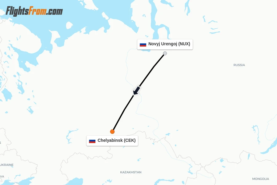 Flights from Novyj Urengoj to Chelyabinsk route map
