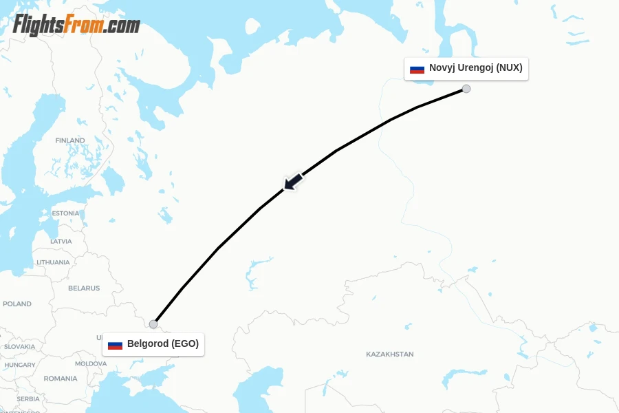 Flights from Novyj Urengoj to Belgorod route map