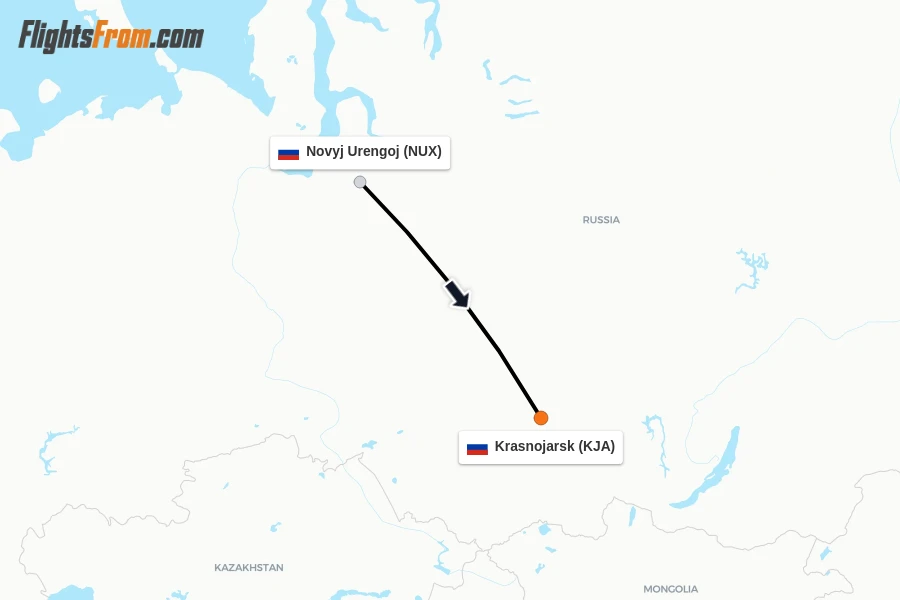 Flights from Novyj Urengoj to Krasnojarsk route map