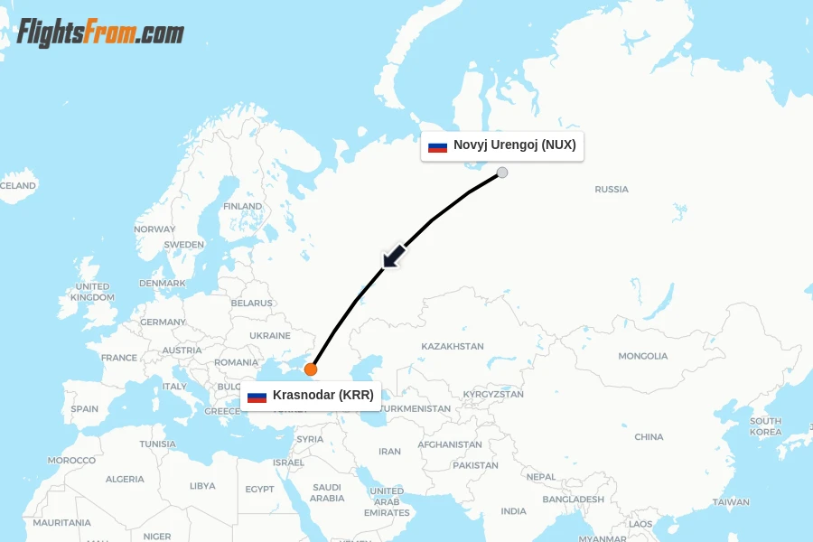 Flights from Novyj Urengoj to Krasnodar route map