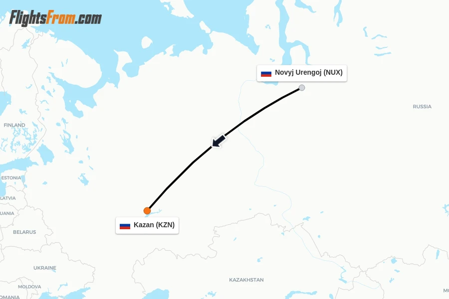 Flights from Novyj Urengoj to Kazan route map