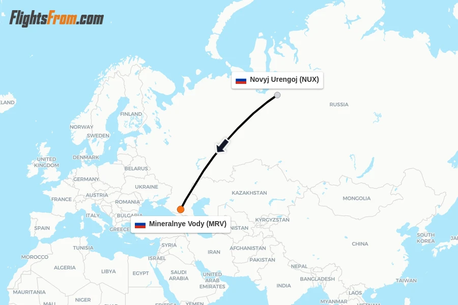 Flights from Novyj Urengoj to Mineralnye Vody route map