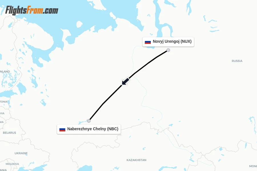 Flights from Novyj Urengoj to Naberezhnye Chelny route map