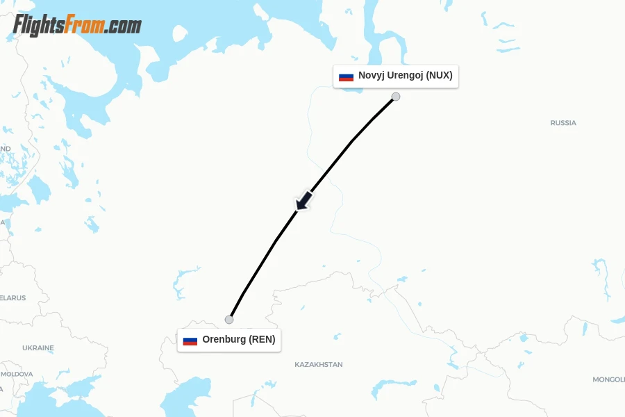 Flights from Novyj Urengoj to Orenburg route map