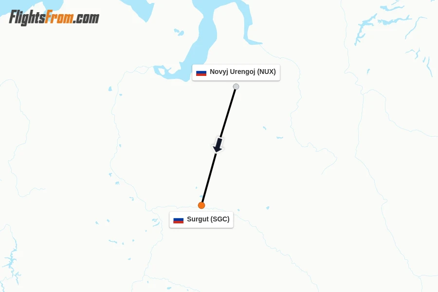 Flights from Novyj Urengoj to Surgut route map