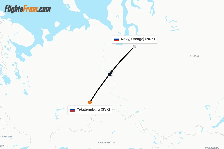 Flights from Novyj Urengoj to Yekaterinburg route map