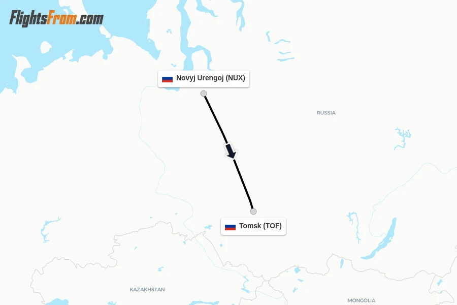 Flights from Novyj Urengoj to Tomsk route map