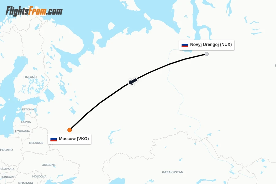 Flights from Novyj Urengoj to Moscow route map