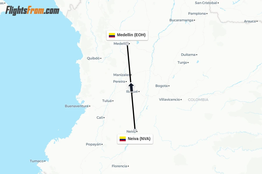Flights from Neiva to Medellin route map