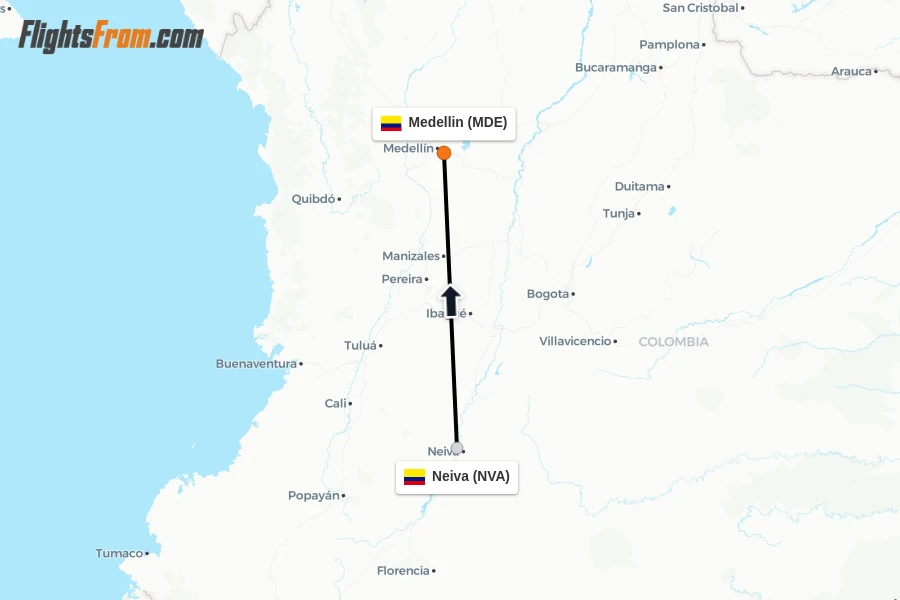Flights from Neiva to Medellin route map