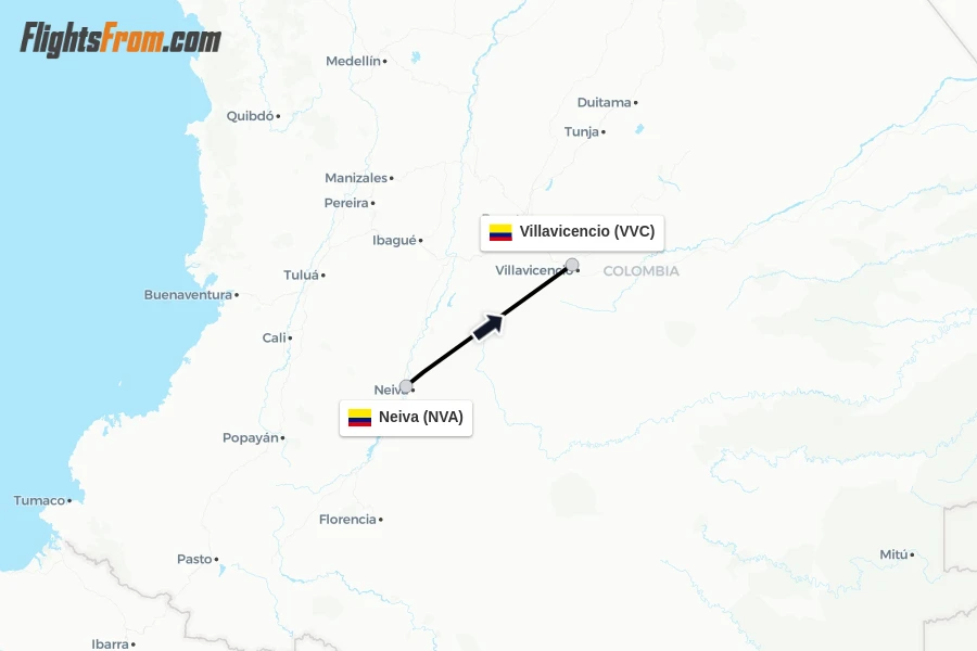 Flights from Neiva to Villavicencio route map