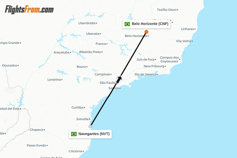 Flights from Navegantes to Belo Horizonte route map