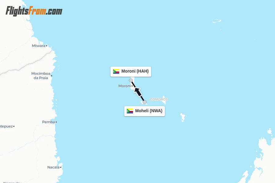 Flights from Moheli to Moroni route map