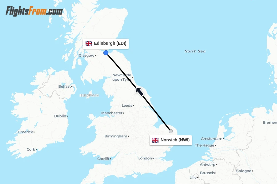 Flights from Norwich to Edinburgh route map