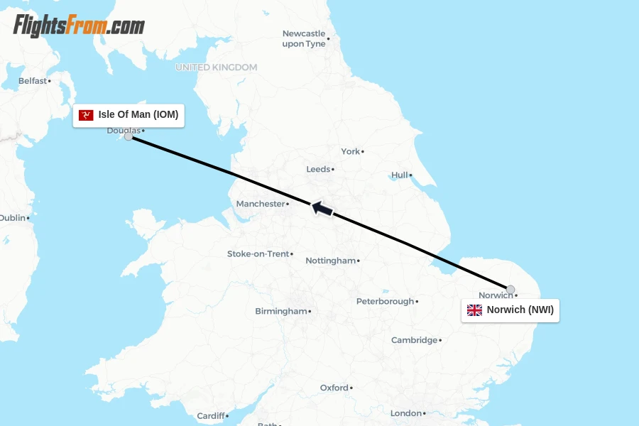 Flights from Norwich to Isle Of Man route map