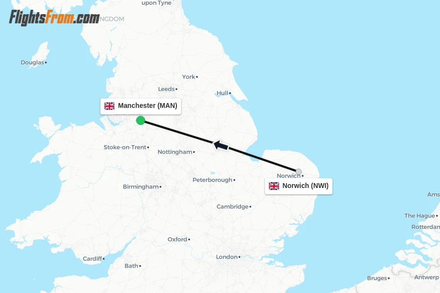 Flights from Norwich to Manchester route map