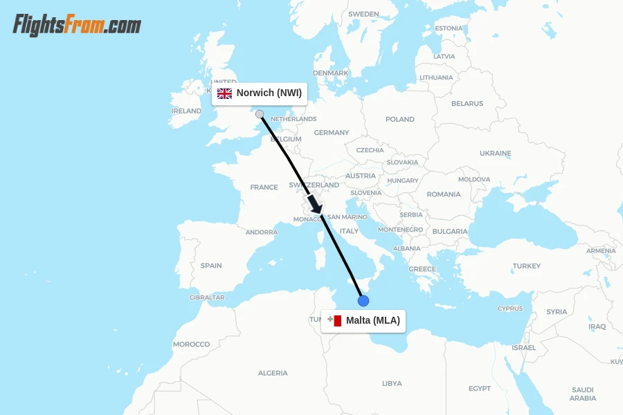 Flights from Norwich to Malta route map