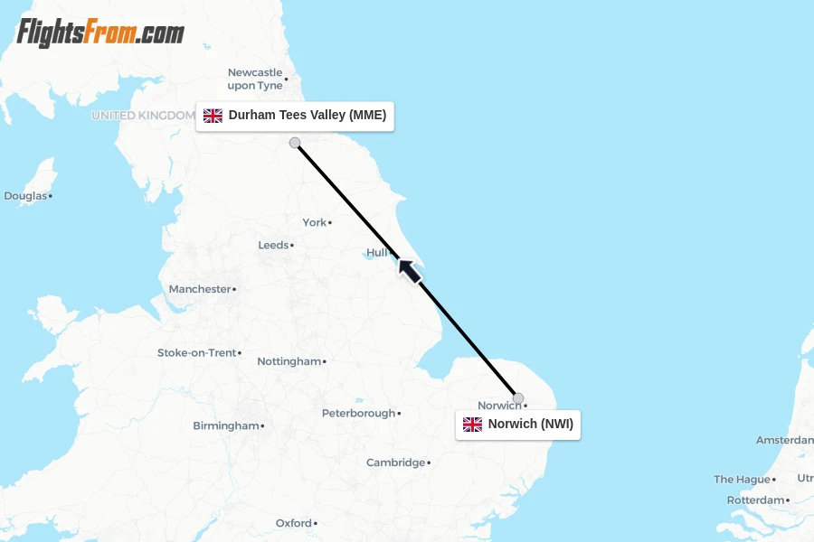 Flights from Norwich to Durham Tees Valley route map