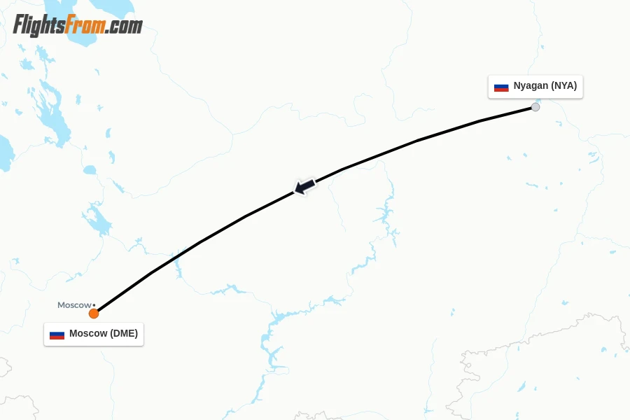 Flights from Nyagan to Moscow route map