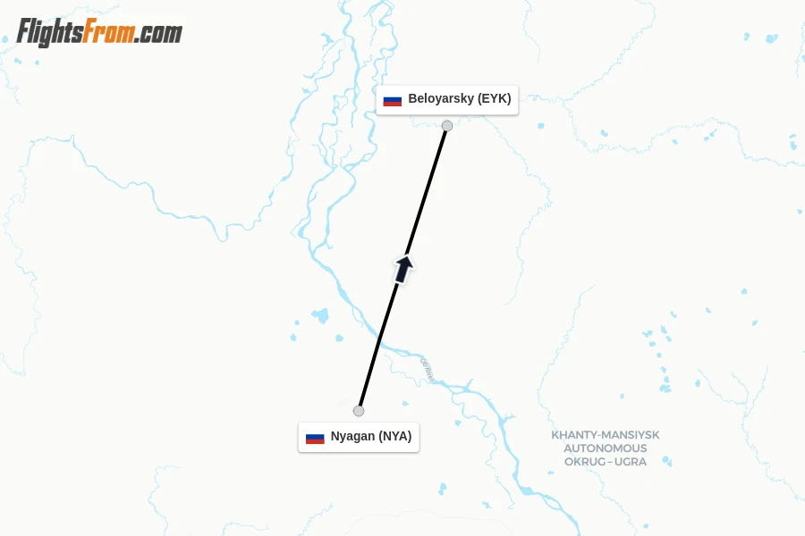Flights from Nyagan to Beloyarsky route map