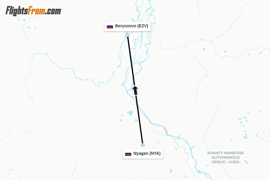 Flights from Nyagan to Beryozovo route map