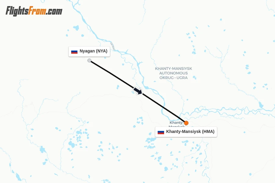 Flights from Nyagan to Khanty-Mansiysk route map