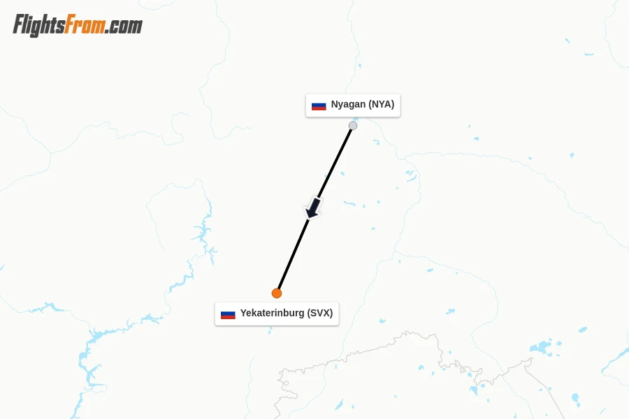 Flights from Nyagan to Yekaterinburg route map