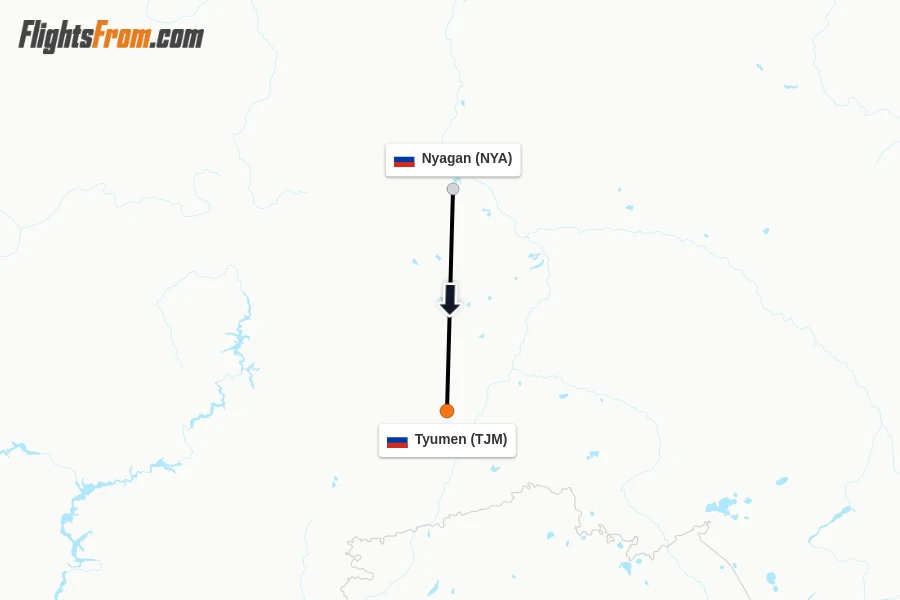 Flights from Nyagan to Tyumen route map