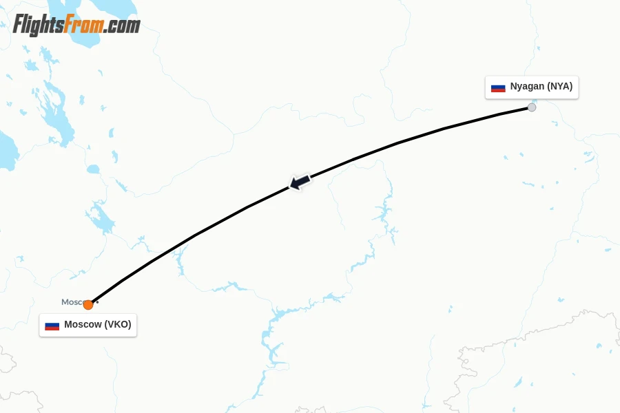 Flights from Nyagan to Moscow route map